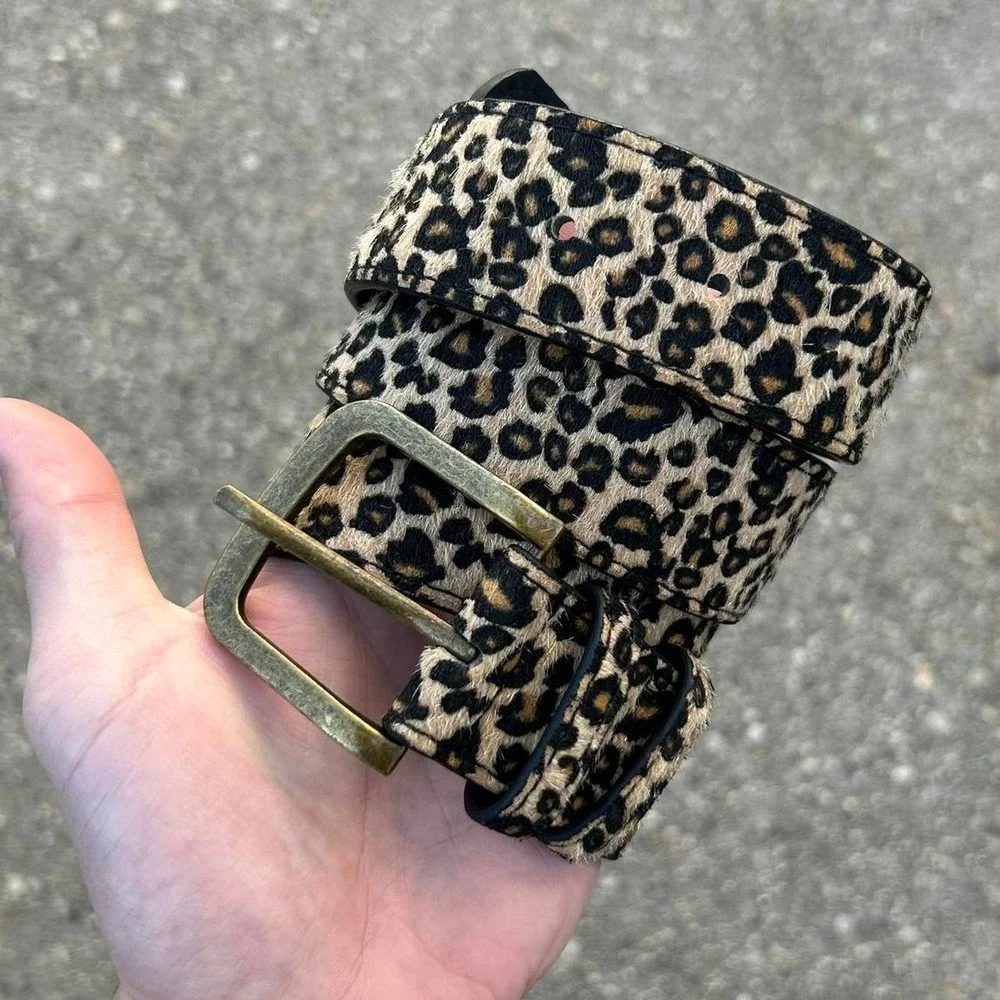 Vintage style cheetah leopard print fur belt american western boho black and tan